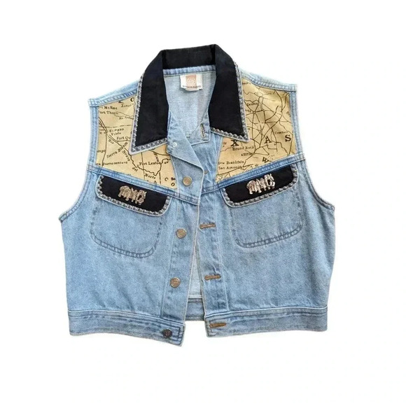 Streets Ahead Vintage 90s Country Western Texas Map Denim Cropped Vest Women's M - Picture 6 of 8